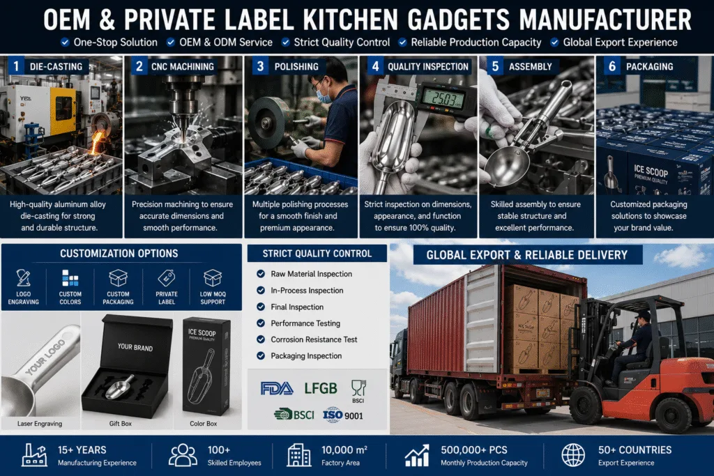 EM kitchen gadgets manufacturer in China with die-casting production, quality control, private label customization and global export capabilities