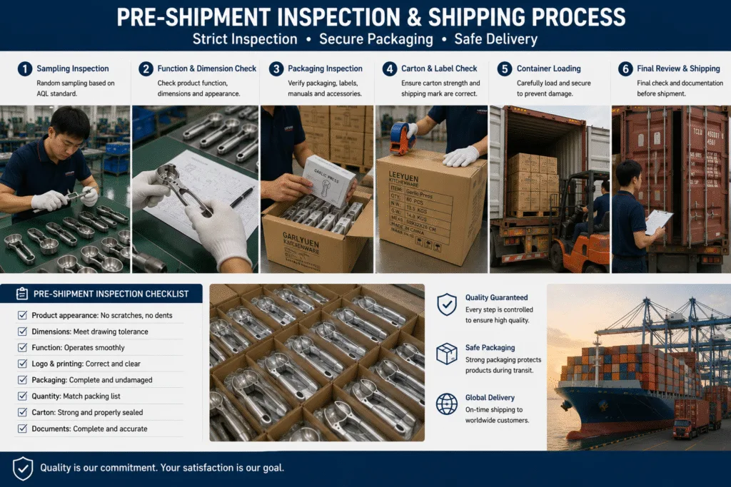 Pre-shipment inspection for kitchen gadgets featuring AQL sampling, packaging verification, container loading, export quality control, and international shipping preparation.