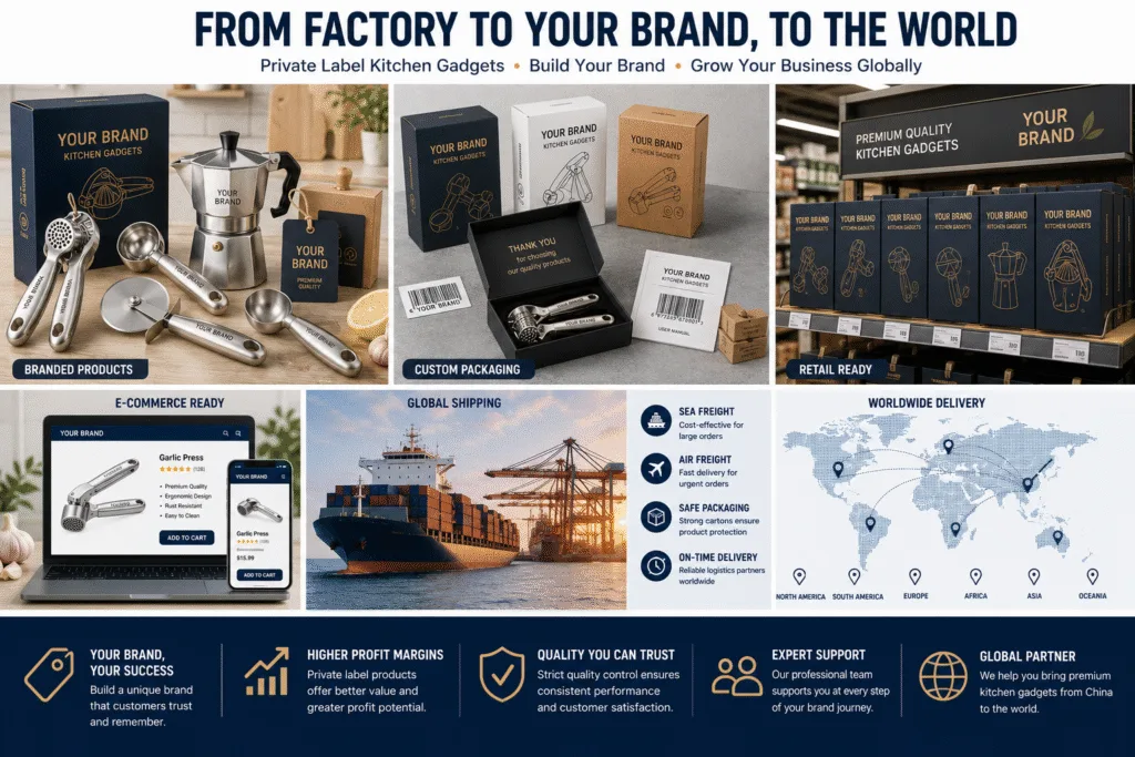 Private label kitchen gadgets prepared for global distribution with branded retail packaging, e-commerce branding, worldwide shipping, and international market expansion.