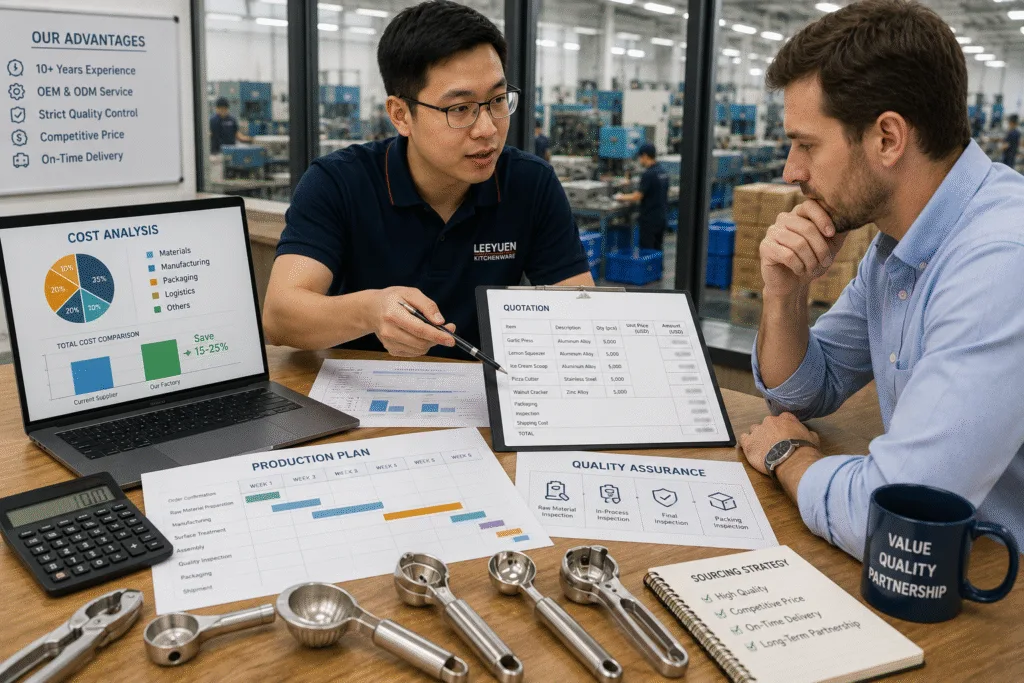 International sourcing manager reviewing kitchen gadget sourcing costs with a manufacturer, analyzing product samples, pricing, production planning, and cost optimization strategies.