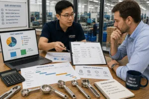 International sourcing manager reviewing kitchen gadget sourcing costs with a manufacturer, analyzing product samples, pricing, production planning, and cost optimization strategies.