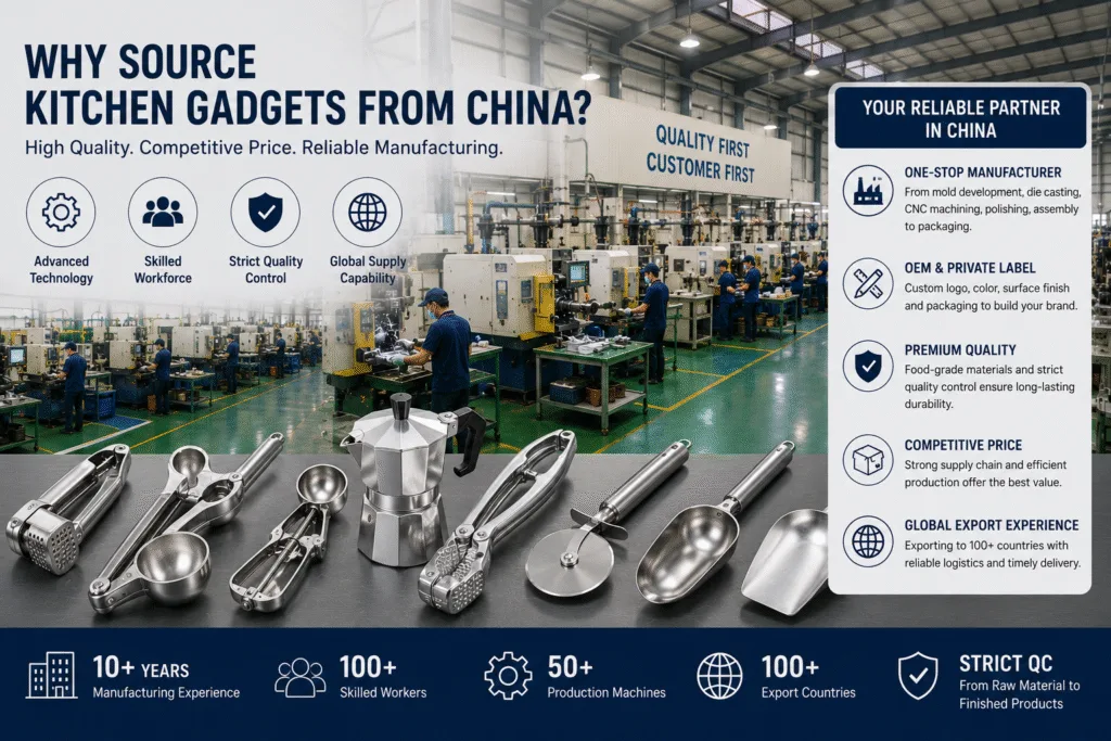 Modern kitchen gadget manufacturer in China showcasing OEM production, premium kitchen gadgets, advanced manufacturing technology and global export capabilities