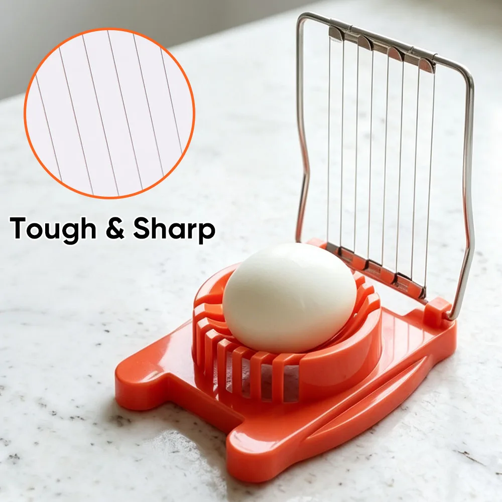 Tensioned stainless steel cutting wires on hinged egg slicer frame