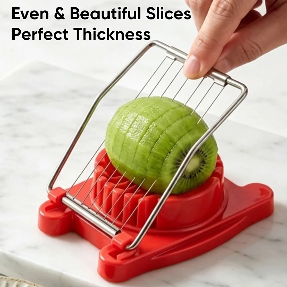 Single-press egg slicing — uniform hard-boiled egg slices in one motion
