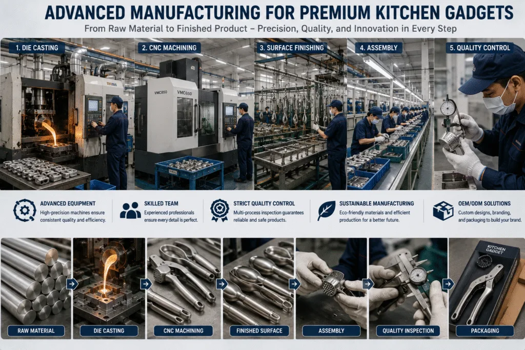 Advanced kitchen gadget manufacturing process including aluminum die casting, CNC machining, surface finishing, assembly, and quality control in a modern factory.