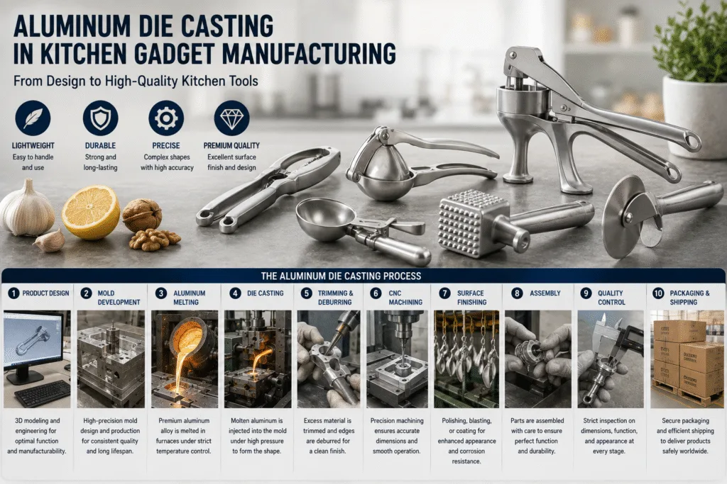 Aluminum die casting process for kitchen gadgets, showing molten aluminum, precision molds, high-pressure casting, trimming, machining, and finished components.