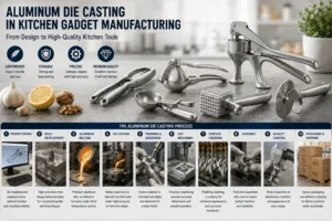 Aluminum die casting process for kitchen gadgets, showing molten aluminum, precision molds, high-pressure casting, trimming, machining, and finished components.