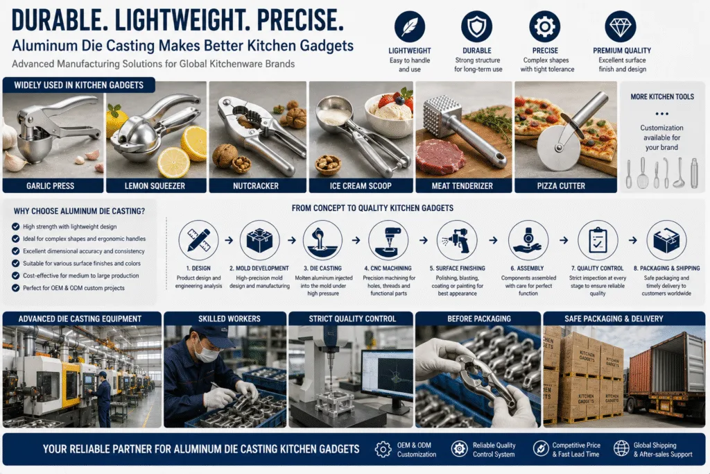 Quality control inspection of aluminum die-cast kitchen gadgets, including dimensional inspection, surface finishing, assembly testing, and final product inspection.