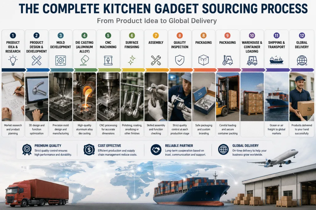 Complete kitchen gadget sourcing process from product design and mold development to manufacturing, quality inspection, packaging, international shipping, and global delivery.