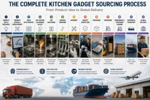 Complete kitchen gadget sourcing process from product design and mold development to manufacturing, quality inspection, packaging, international shipping, and global delivery.