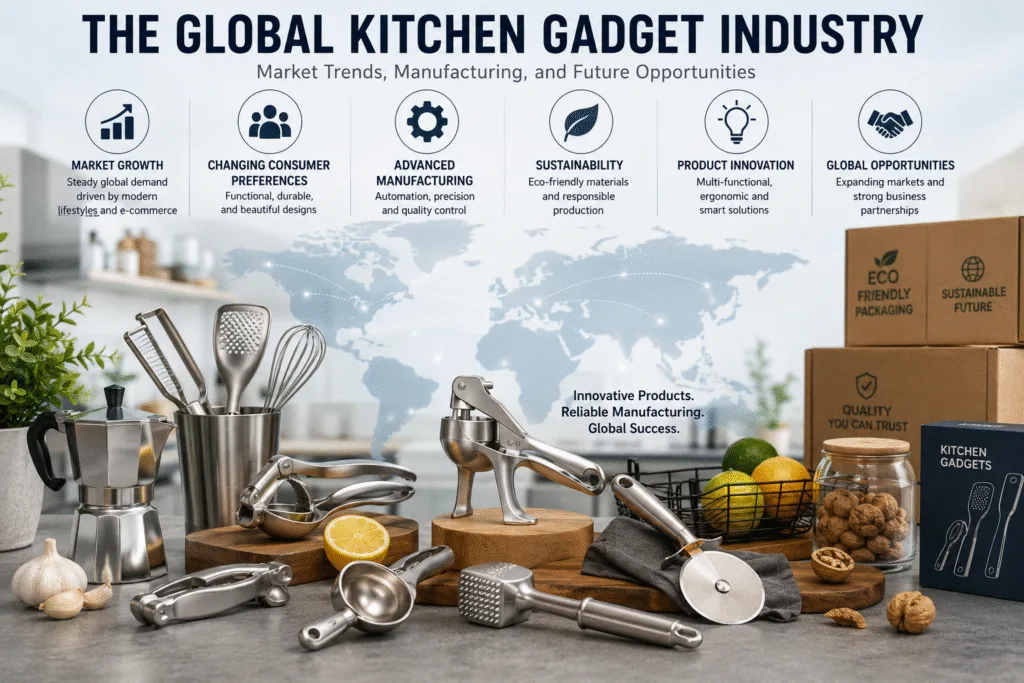 Global kitchen gadget industry overview featuring premium aluminum kitchen tools, modern manufacturing, sustainable innovation, and worldwide market growth.