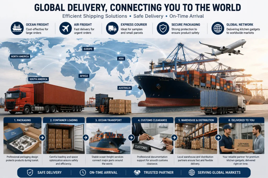 Global kitchen gadget logistics showing container loading, ocean freight, air freight, customs clearance, warehouse distribution, and worldwide delivery for international buyers.