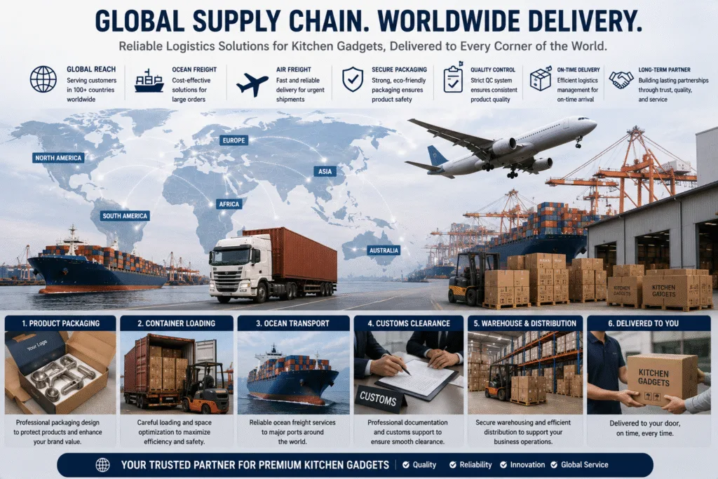 Global kitchen gadget supply chain showing product packaging, container loading, ocean freight, customs clearance, warehouse distribution, and worldwide delivery.