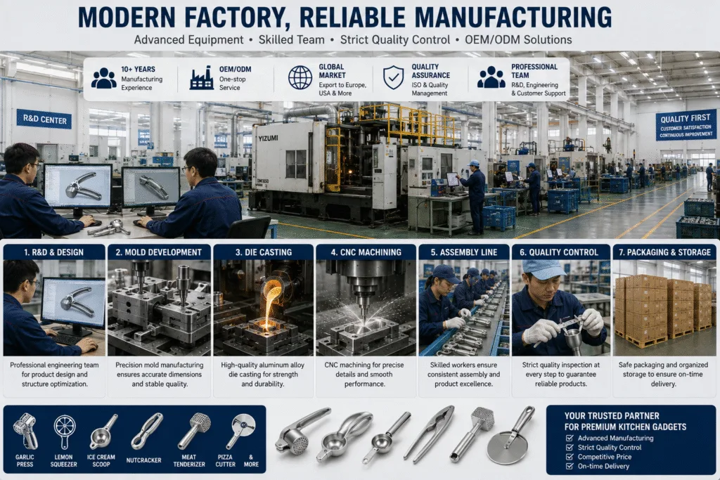 Modern kitchen gadget manufacturing factory featuring product design, mold development, aluminum die casting, CNC machining, assembly, quality control, and OEM production.