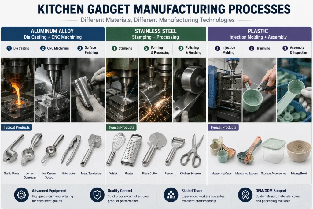 Manufacturing processes for kitchen gadgets, including aluminum die casting, CNC machining, stainless steel stamping, injection molding, surface finishing, and quality-controlled production.