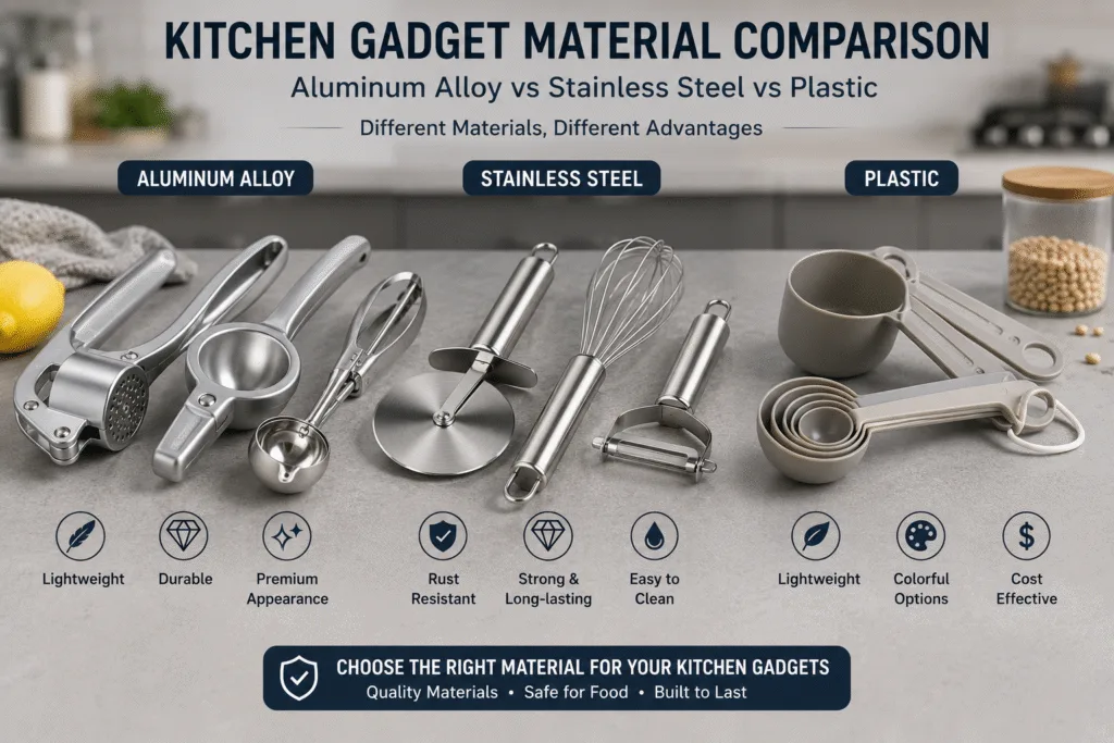 Comparison of aluminum alloy, stainless steel, and food-grade plastic kitchen gadgets, highlighting different materials, durability, weight, food safety, and common kitchen tool applications.