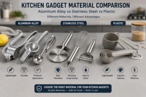 Comparison of aluminum alloy, stainless steel, and food-grade plastic kitchen gadgets, highlighting different materials, durability, weight, food safety, and common kitchen tool applications.