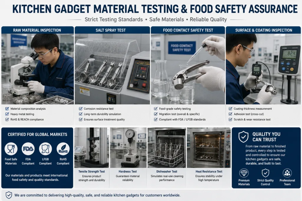 Material testing and food safety inspection for kitchen gadgets, including raw material inspection, salt spray testing, food-contact safety testing, coating inspection, and international quality compliance.