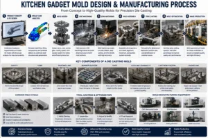 Kitchen gadget mold design and development process showing 3D modeling, precision engineering, and aluminum die casting mold components.