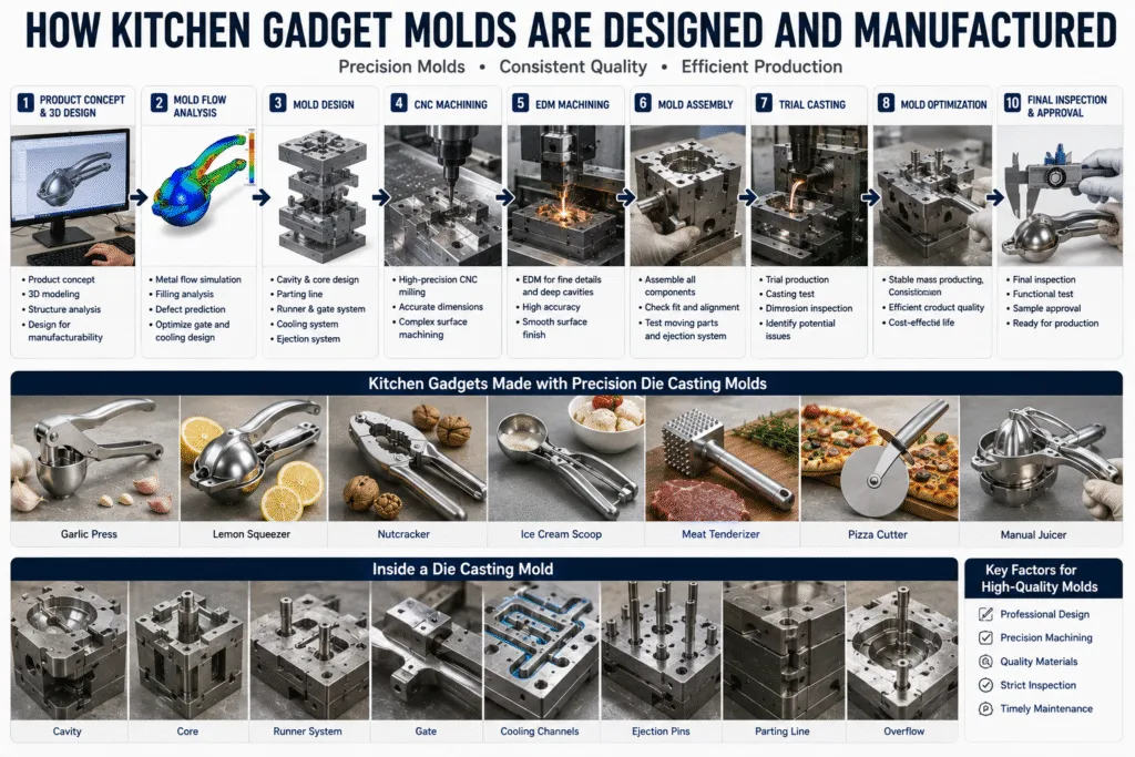 CNC and EDM machining process for manufacturing precision aluminum die casting molds for kitchen gadgets.
