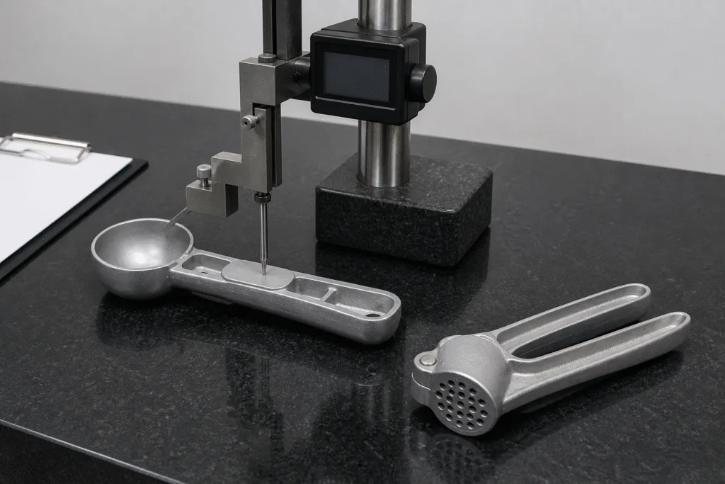 Digital height gauge measuring a cast aluminum ice cream scoop body on a granite surface plate during sample inspection