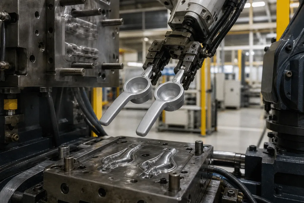 Robotic arm extracting freshly cast aluminum lemon squeezer bodies from an open die casting mold