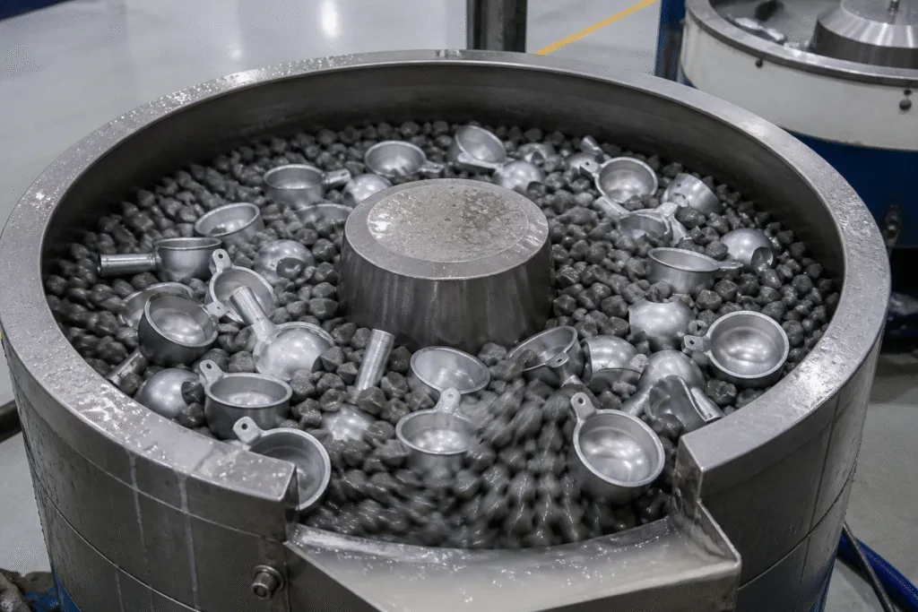 Aluminum kitchen tool parts tumbling with ceramic media in a vibratory polishing bowl during surface finishing
