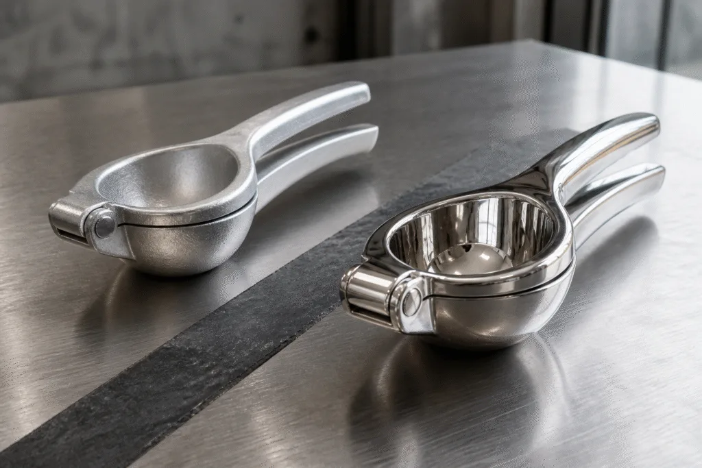 Same design, two materials: weight, surface and manufacturing cost change the positioning.