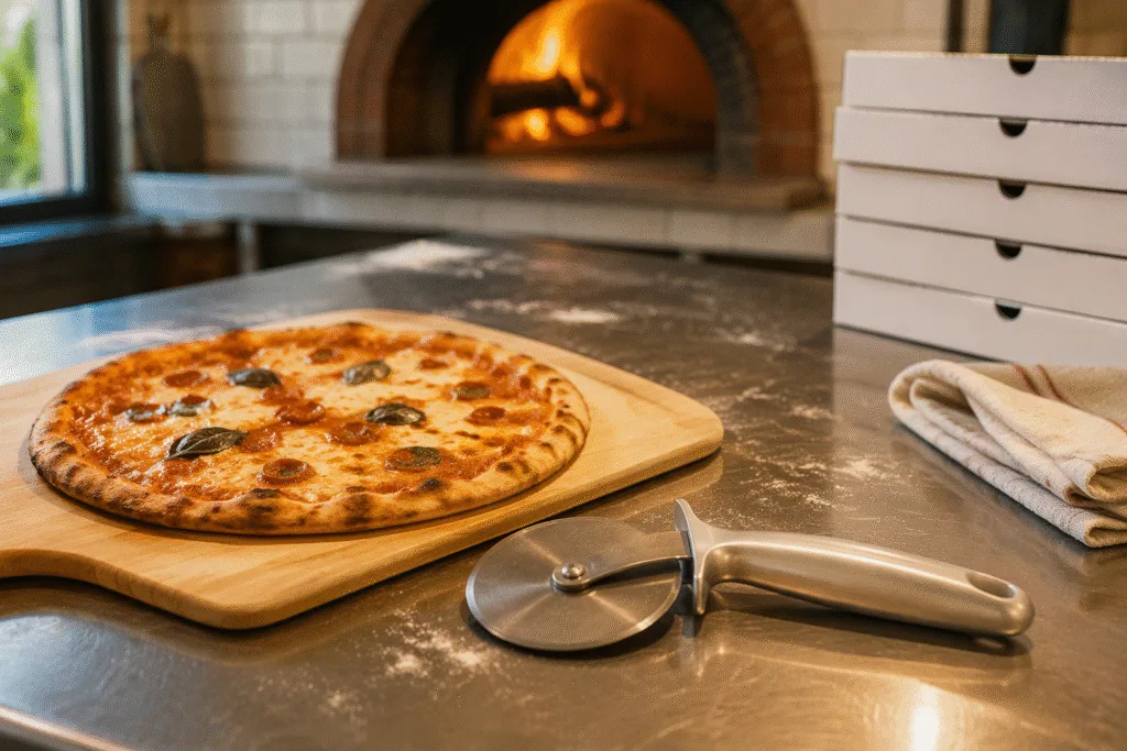 Pizza cutter on a stainless steel prep station with a wooden peel, fresh pizza and stacked plain pizza boxes