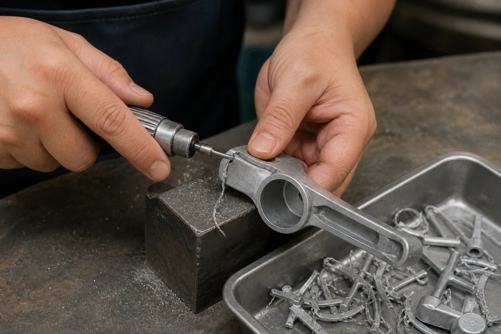 Worker trimming flash from a die cast aluminum garlic press body at a kitchenware casting trim station