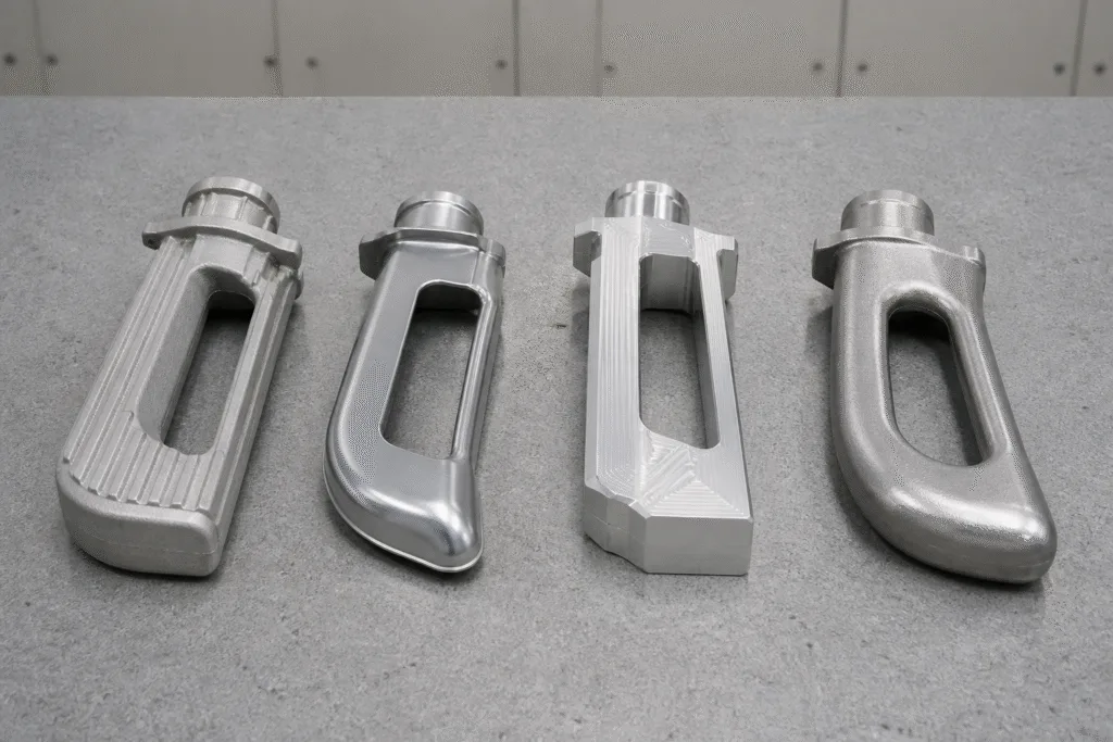 Die cast, stamped, CNC machined and forged aluminum parts compared side by side on a manufacturing bench