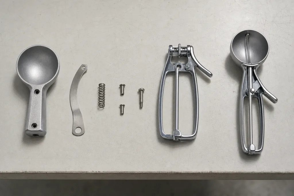 Exploded ice cream scoop components — cast aluminum bowl, sweep blade, spring and plated trigger handle on a workbench