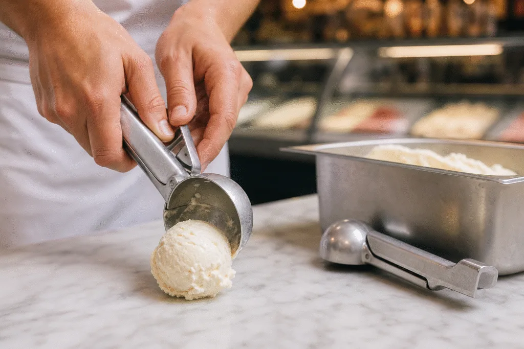 Trigger ice cream scoop releasing a clean ball of ice cream in a commercial parlor kitchen during service