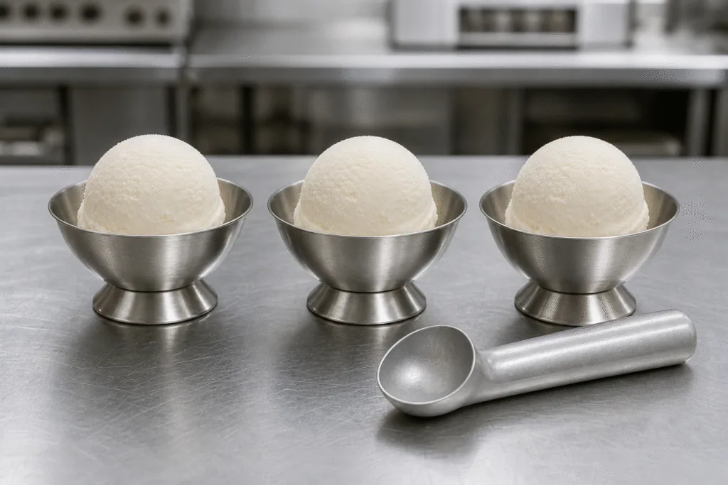 Three identical ice cream portions scooped into stainless cups showing consistent portion control in food service
