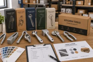 Wholesale kitchen gadgets with product samples and branded packaging for B2B buyers