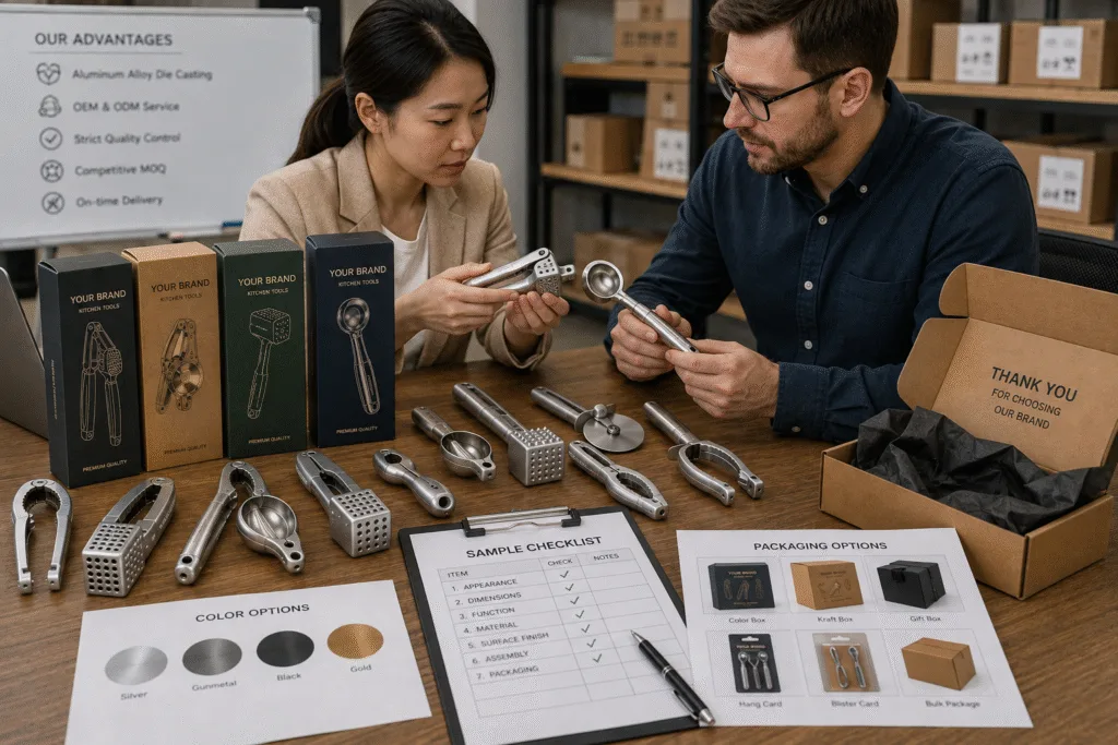 B2B buyers inspecting kitchen gadget samples, packaging options and quality control before a wholesale order