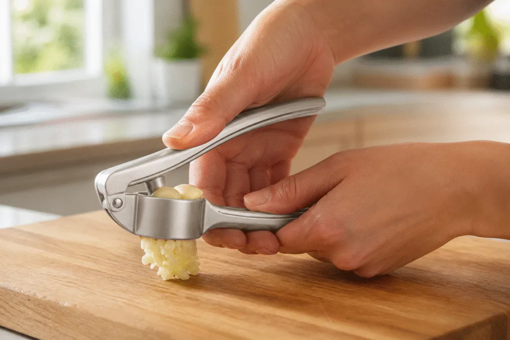 Hands testing aluminum garlic press performance with fresh garlic during OEM kitchenware sample evaluation