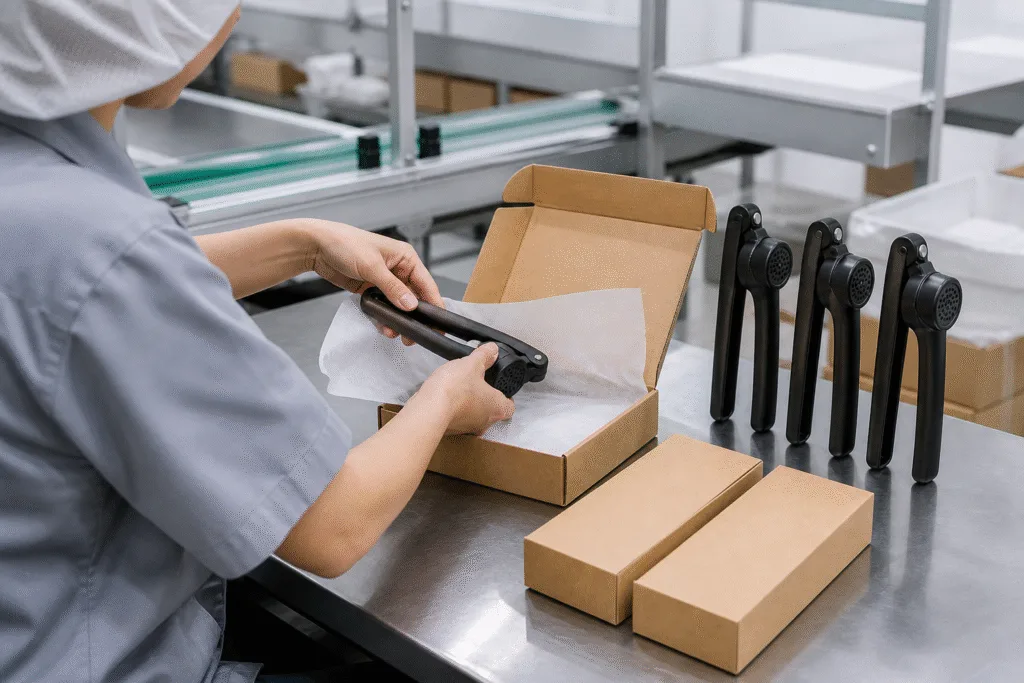 Production worker packing matte black OEM garlic presses into kraft retail boxes at kitchenware factory