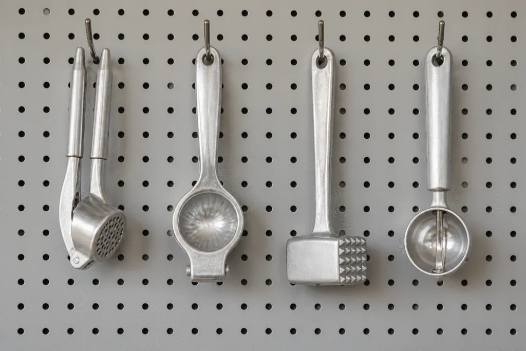 Satin aluminum garlic press, lemon squeezer, meat tenderizer and ice cream scoop from China kitchen tools OEM manufacturer