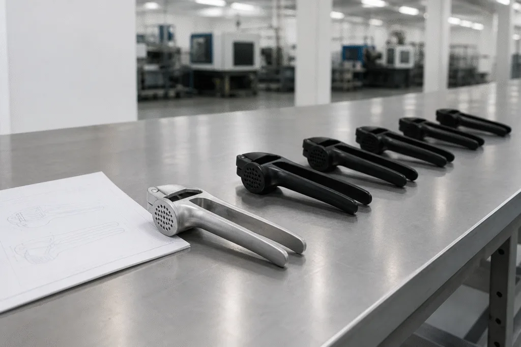 Aluminum garlic press prototype approved beside technical drawing, with matte black OEM garlic presses in consistent mass production