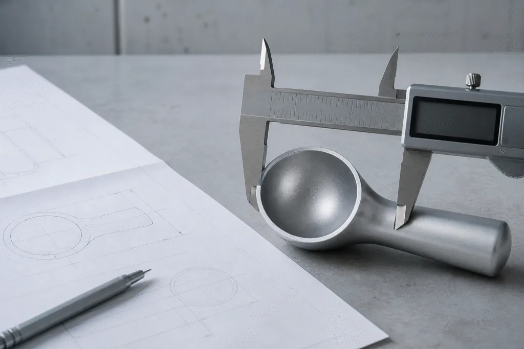 Engineer measuring aluminum ice cream scoop with calipers over OEM kitchenware specification drawing