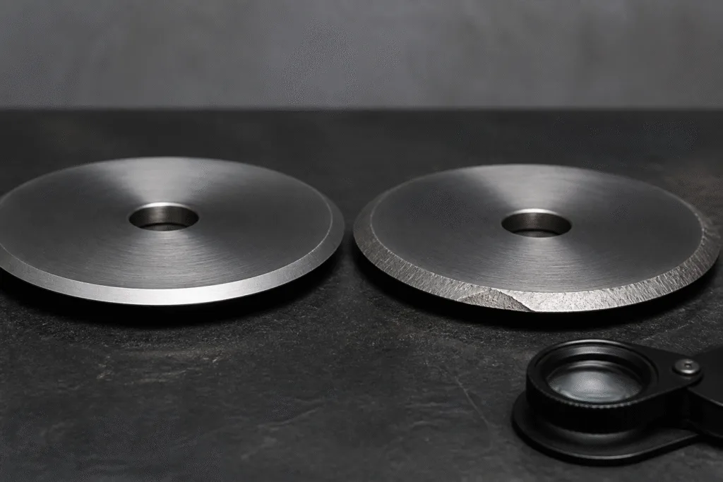 Macro comparison of a clean sharpened pizza cutter blade edge and a burred edge under inspection light