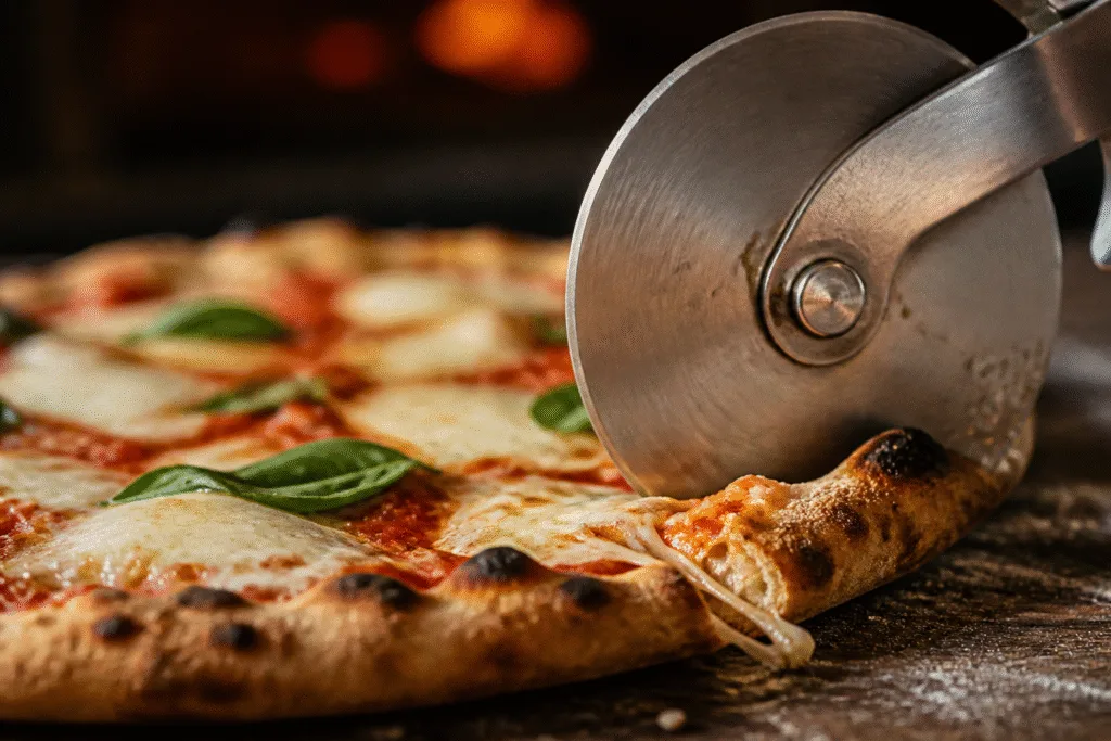 Wheel pizza cutter slicing through a fresh pizza crust with cheese strands and flour dust in warm pizzeria light