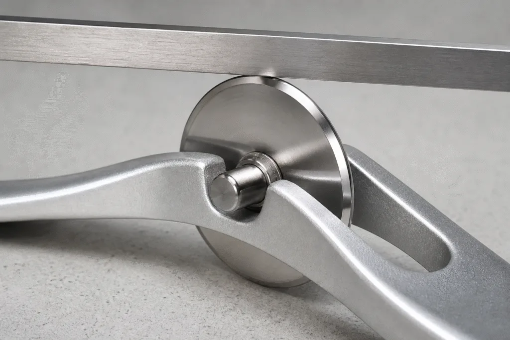 Close-up of a pizza cutter wheel mounted between the handle forks showing axle, washer and blade alignment