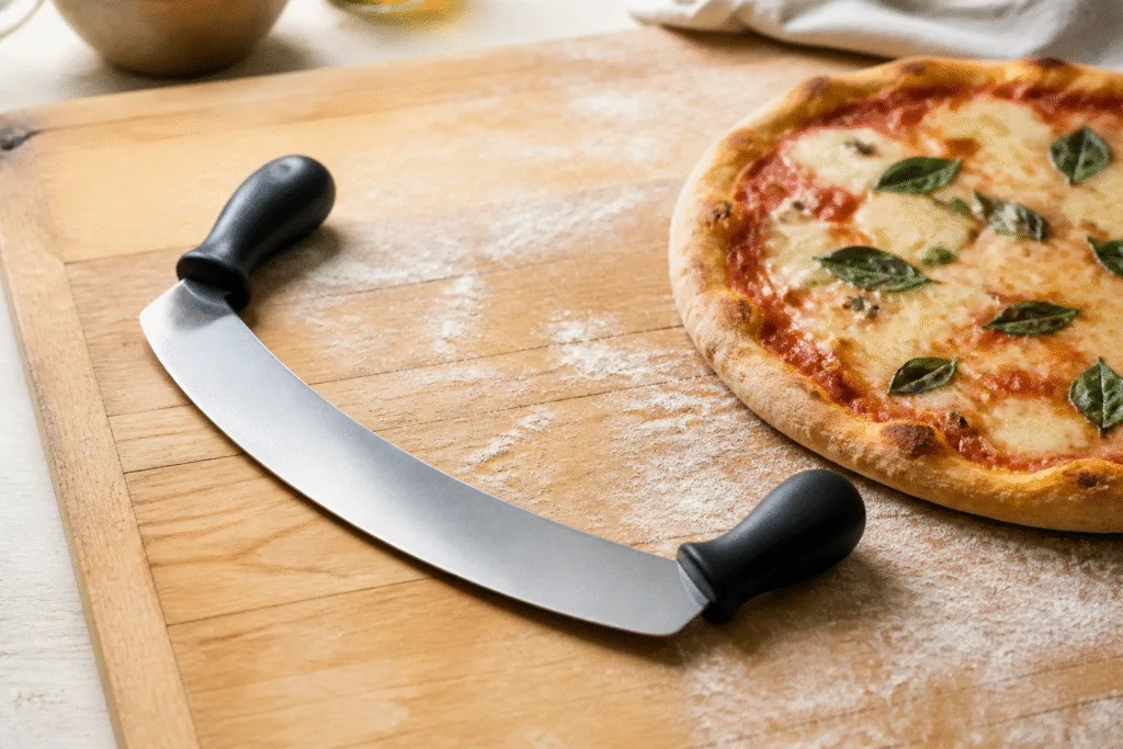 Rocker pizza cutter with a long curved blade resting on a wooden board beside a fresh pizza in daylight