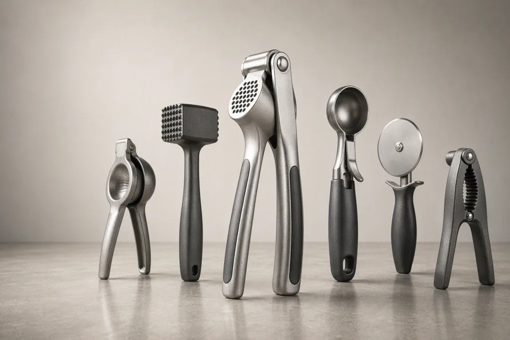 Custom aluminum kitchen tools such as garlic presses and lemon squeezers arranged for a B2B customization guide