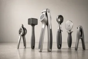 Custom aluminum kitchen tools such as garlic presses and lemon squeezers arranged for a B2B customization guide