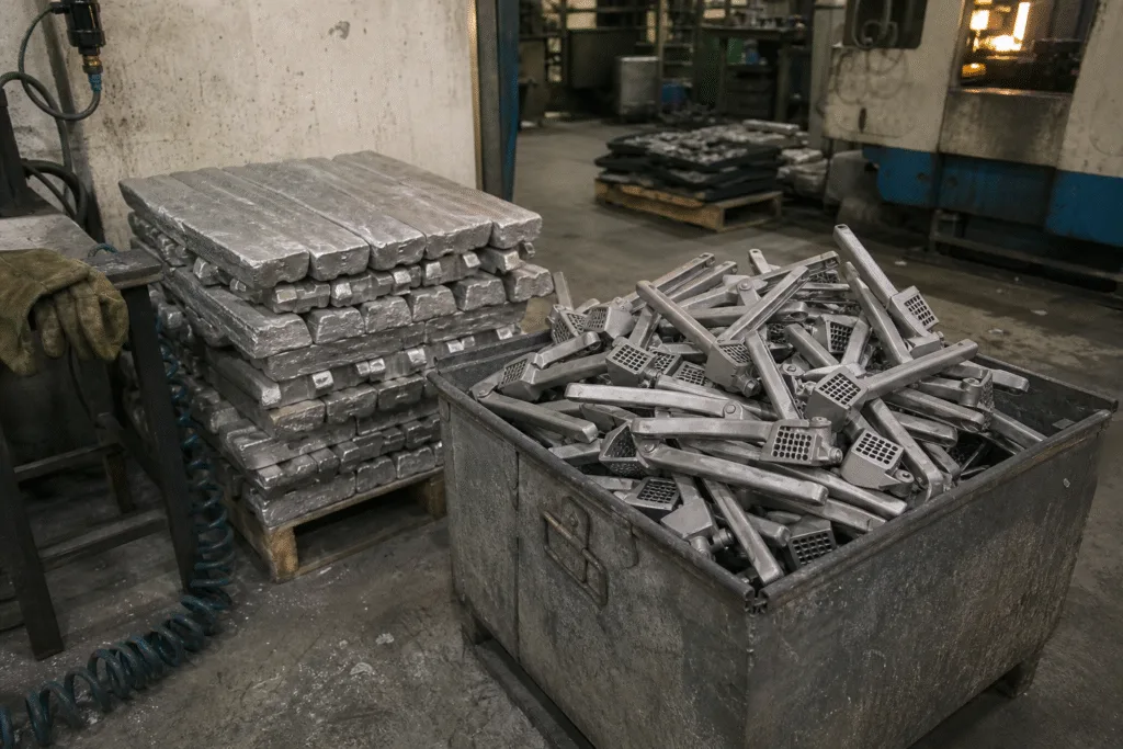Aluminum alloy ingots with a freshly die cast garlic press body on a steel plate in a die casting factory