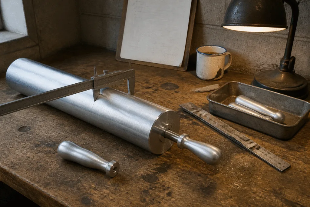 Aluminum rolling pin taken apart on a sample bench showing the barrel end, steel axle, detached handle and caliper
