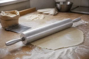 Aluminum rolling pin with turned metal handles on a floured wooden pastry table beside a rolled sheet of dough
